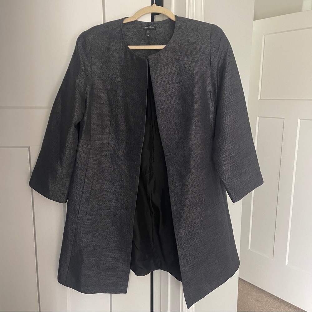 Eileen Fisher Black Iridescent Grain Jacquard Round Neck Long Jacket